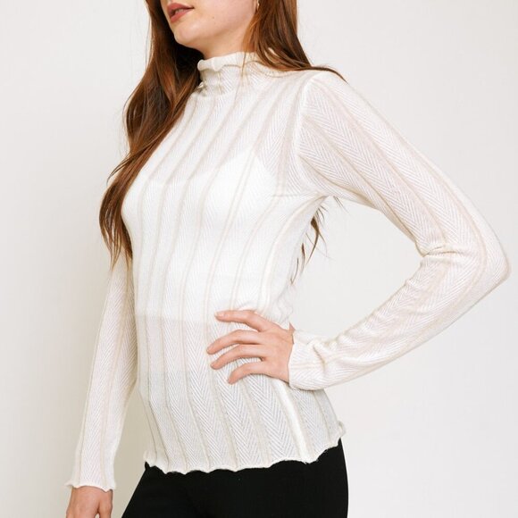 MYSTREE heer White Mock Neck Long Sleeve Top, Lightweight Mesh Knit Blouse - Picture 6 of 10